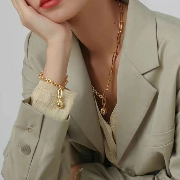 1pcs Zara Gold Ball Pendant Chain Oval Circle Link Combo Necklace Golden Metal - Picture 2 of 5